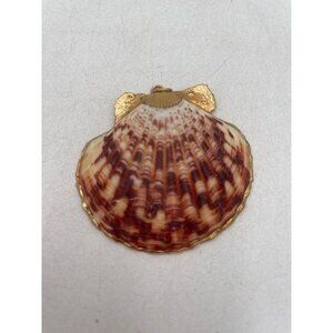 Gold Edged Scallop Shell Pendant Rich Red & Cream Tones Necklace